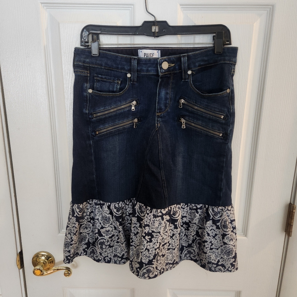 Paige‎ Denim 28 Edgemont Tiered Paisley Trim Denim Midi Skirt Upcycled Cottage